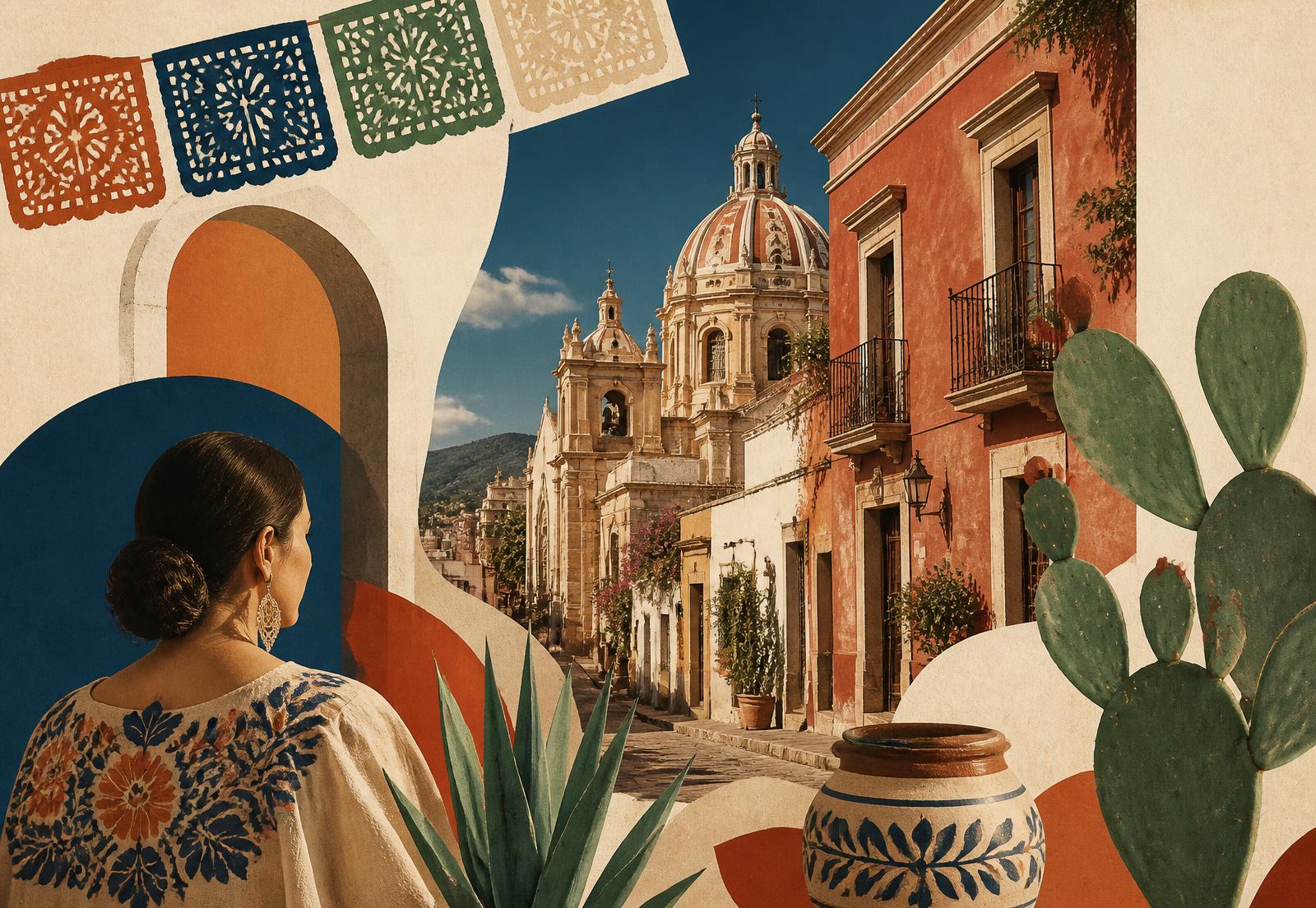 Collage ilustrado de un Pueblo Mágico mexicano